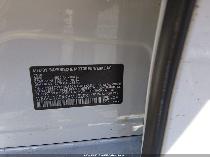 2019 BMW 4er VIN WBA4J1C5XKBM16203 IAAI salvage auction — FRONT END, Salvage Title, sold $775 on 2026-08-02 (photo 9)