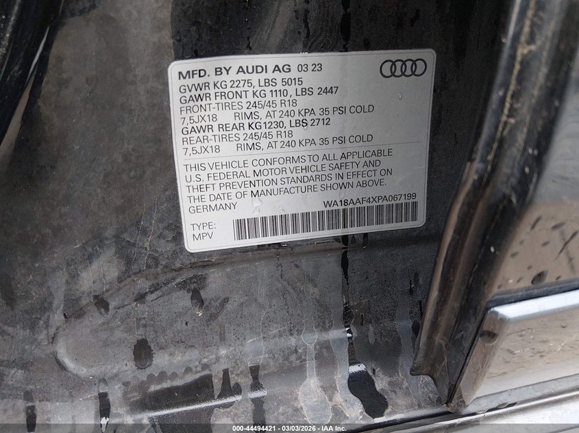2023 Audi A4 allroad VIN WA18AAF4XPA067199 IAAI salvage auction — UNKNOWN, Salvage Title, sold $9,400 on 2026-08-12 (photo 9)