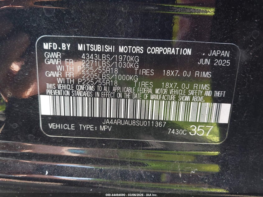 2025 Mitsubishi Outlander VIN JA4ARUAU8SU011367 IAAI salvage auction — FRONT & REAR, Salvage Title, sold $1,700 on 2026-07-23 (photo 9)
