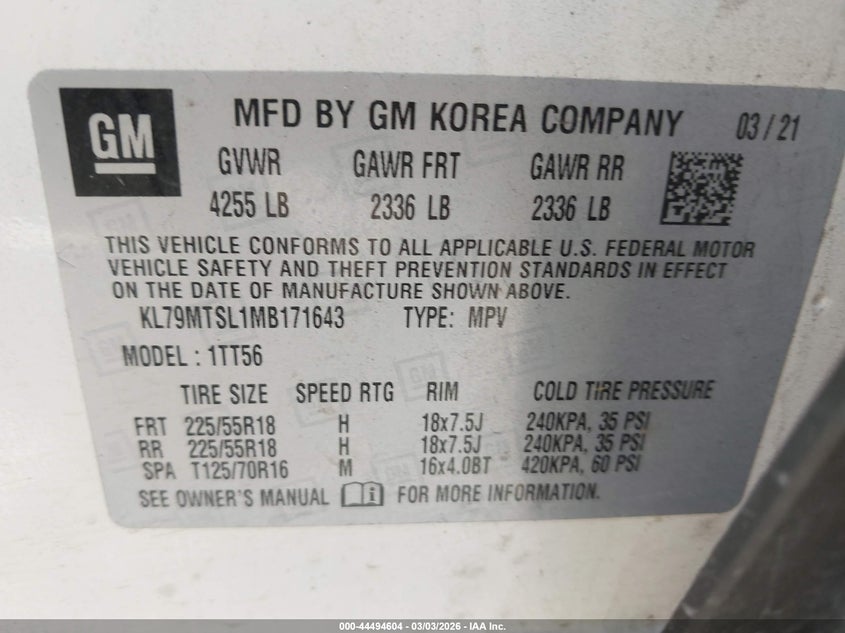 2021 Chevrolet Trailblazer VIN KL79MTSL1MB171643 IAAI salvage auction — FRONT END, Clear (Oklahoma), sold $1,800 on 2026-07-28 (photo 9)