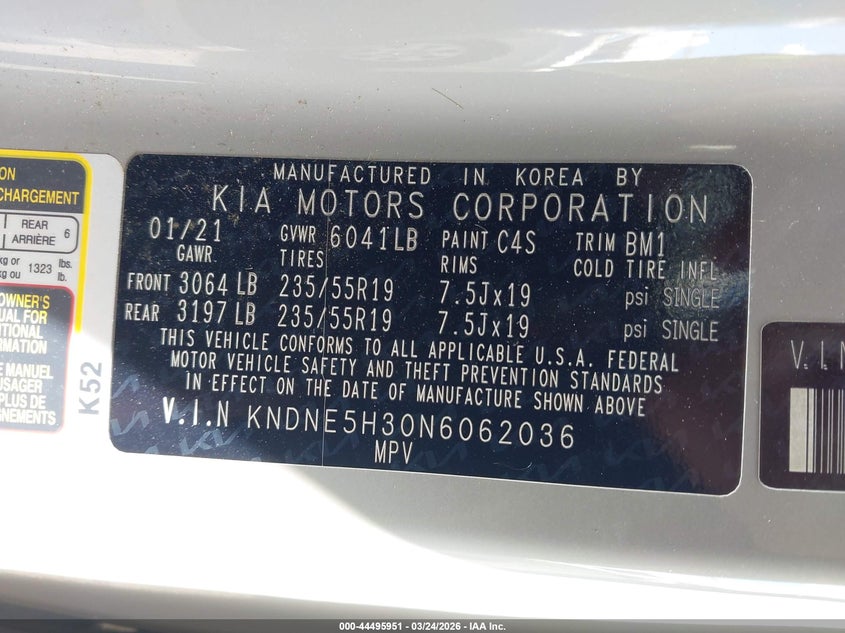 2022 Kia Carnival VIN KNDNE5H30N6062036 IAAI salvage auction — REAR END, Salvage (Rhode Island), sold $11,300 on 2026-07-07 (photo 9)