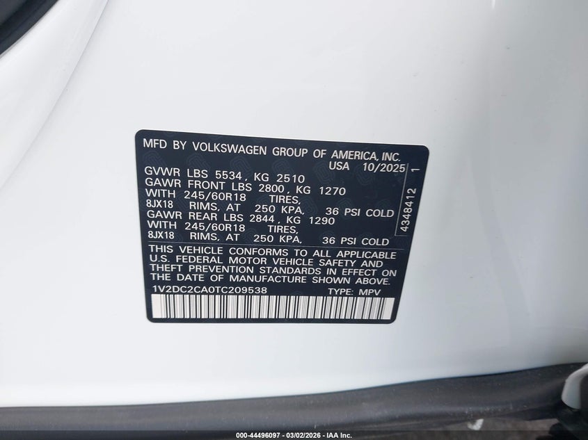 2026 Volkswagen Atlas cross sport VIN 1V2DC2CA0TC209538 IAAI salvage auction — RIGHT FRONT, Other, sold $12,750 on 2026-07-16 (photo 9)