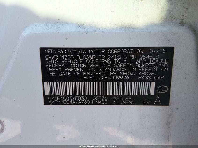 2015 Lexus Is VIN JTHCE1D2XF5009976 IAAI salvage auction — LEFT FRONT, Salvage (Colorado), sold $450 on 2026-07-21 (photo 9)
