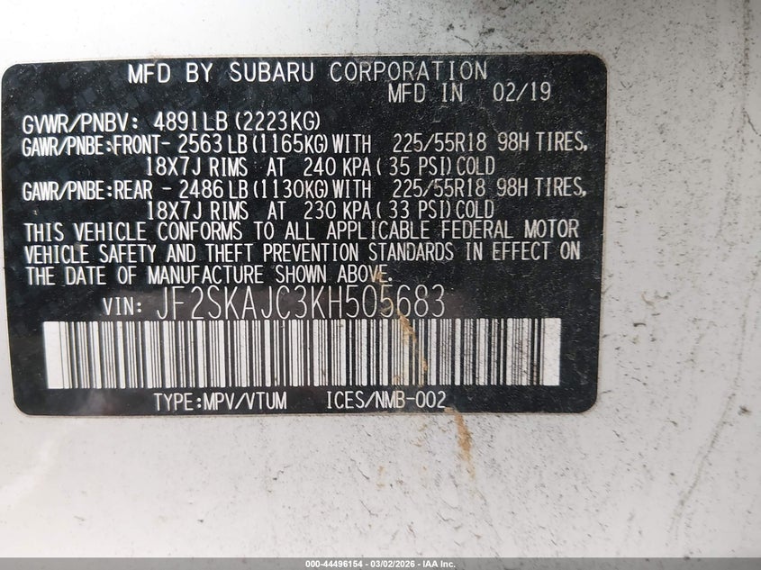 2019 Subaru Forester VIN JF2SKAJC3KH505683 IAAI salvage auction — FRONT END, Salvage (Delaware), sold $1,350 on 2026-07-31 (photo 9)