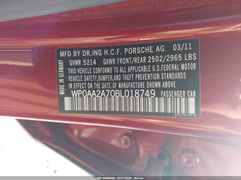 2011 Porsche Panamera VIN WP0AA2A70BL018749 IAAI salvage auction — REAR END, Rebuildable (Florida), sold $2,650 on 2026-07-09 (photo 9)