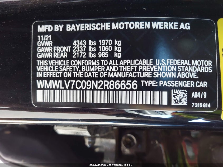 2022 Mini Clubman VIN WMWLV7C09N2R86656 IAAI salvage auction — REAR END, Salvage Title, sold $2,875 on 2026-08-18 (photo 9)