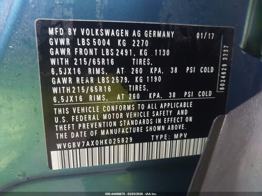 2017 Volkswagen Tiguan VIN WVGBV7AX0HK025829 IAAI salvage auction — FRONT END, Salvage Title, sold $925 on 2026-07-22 (photo 9)