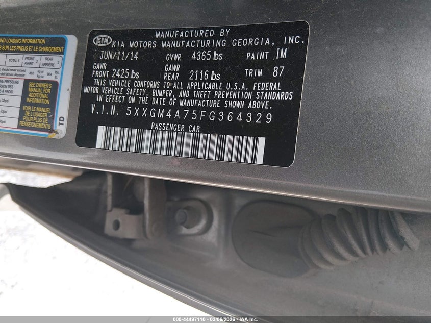 2015 Kia Optima VIN 5XXGM4A75FG364329 IAAI salvage auction — LEFT SIDE, Salvage (Tennessee), sold $25 on 2026-07-29 (photo 9)