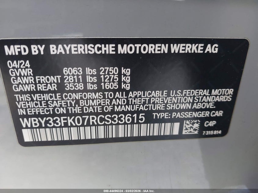 2024 BMW I5 VIN WBY33FK07RCS33615 IAAI salvage auction — FRONT END, Salvage Title, sold $11,100 on 2026-07-29 (photo 9)