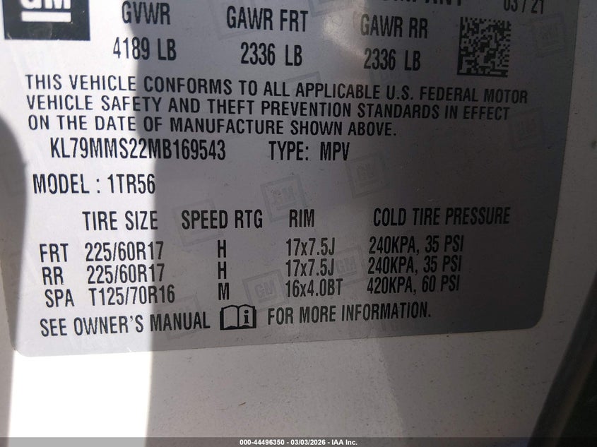 2021 Chevrolet Trailblazer VIN KL79MMS22MB169543 IAAI salvage auction — FRONT END, Salvage Title, sold $1,500 on 2026-07-13 (photo 9)