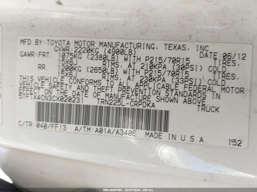 2012 Toyota Tacoma VIN 5TFTX4CN3CX020231 IAAI salvage auction — LEFT FRONT, Clear (Hawaii), sold $100 on 2026-07-28 (photo 9)
