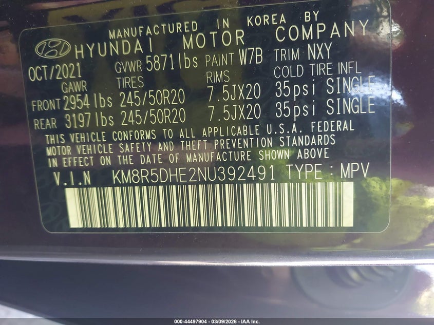 2022 Hyundai Palisade VIN KM8R5DHE2NU392491 IAAI salvage auction — REAR END, Salvage (Idaho), sold $8,975 on 2026-07-07 (photo 9)