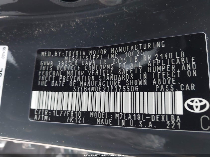 2026 Toyota Corolla VIN 5YFB4MDE2TP375506 IAAI salvage auction — ROLLOVER, Salvage Title, sold $625 on 2026-07-10 (photo 9)