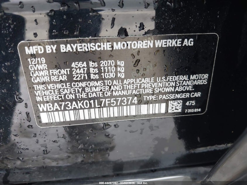 2020 BMW 2er VIN WBA73AK01L7F57374 IAAI salvage auction — RIGHT FRONT, Salvage Title, sold $6,525 on 2026-08-06 (photo 9)