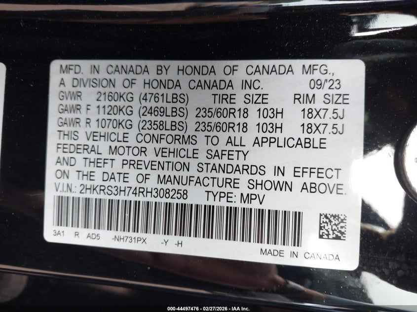 2024 Honda Cr-v VIN 2HKRS3H74RH308258 IAAI salvage auction — FRONT END, Clear (Hawaii), sold $125 on 2026-07-30 (photo 9)