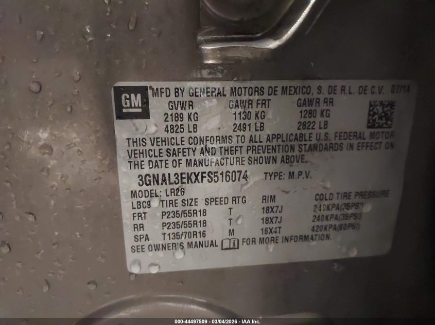 2015 Chevrolet Captiva sport VIN 3GNAL3EKXFS516074 IAAI salvage auction — SIDE, Certificate Of Title (Nebraska), sold $1,050 on 2026-07-19 (photo 9)