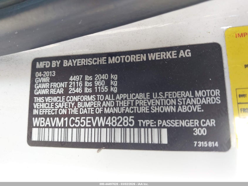 2014 BMW X1 VIN WBAVM1C55EVW48285 IAAI salvage auction — LEFT FRONT, Salvage Title, sold $1,000 on 2026-07-06 (photo 9)