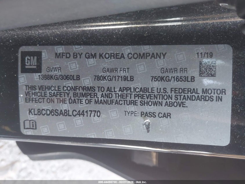 2020 Chevrolet Spark VIN KL8CD6SA8LC441770 IAAI salvage auction — FRONT END, Salvage Title, sold $950 on 2026-07-29 (photo 9)