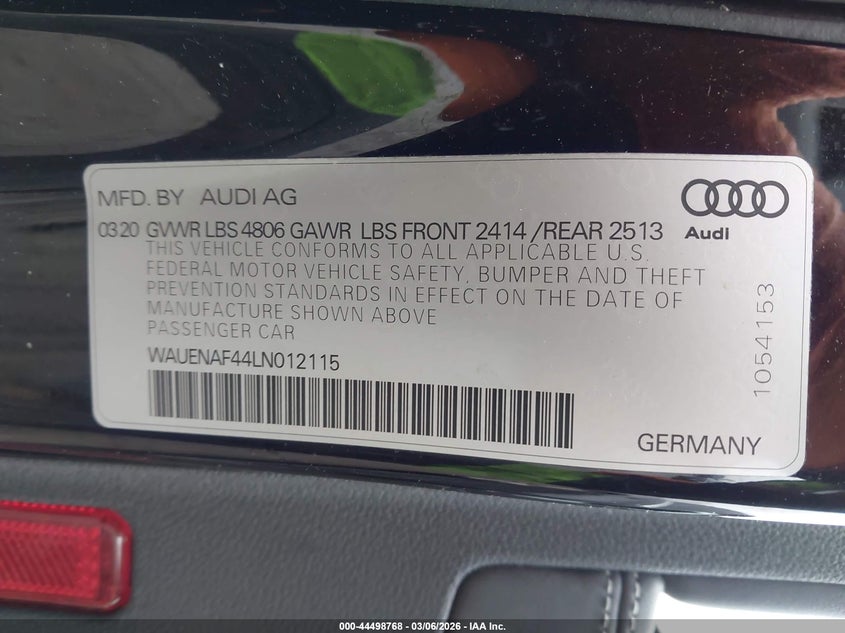 2020 Audi A4 VIN WAUENAF44LN012115 IAAI salvage auction — RIGHT FRONT, Salvage Title, sold $4,700 on 2026-07-24 (photo 9)