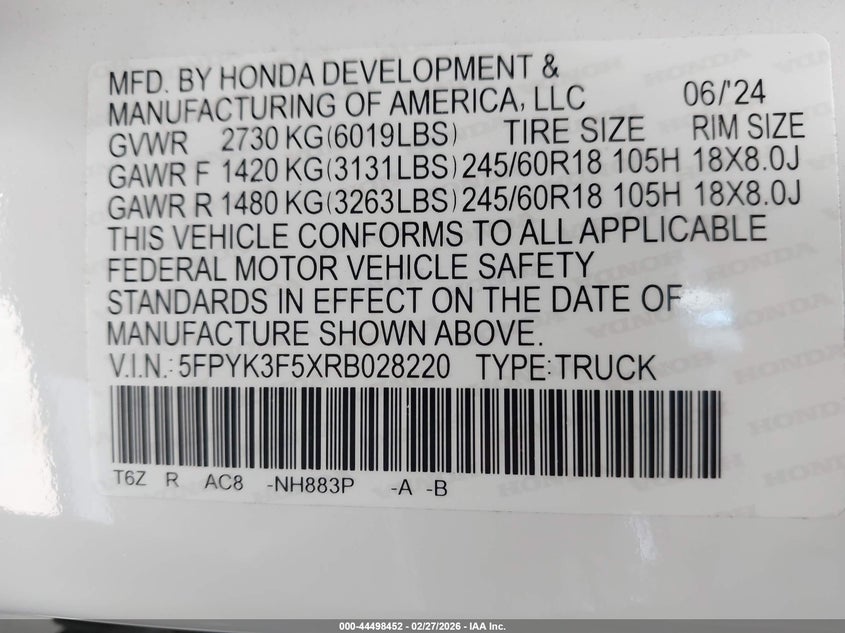 2024 Honda Ridgeline VIN 5FPYK3F5XRB028220 IAAI salvage auction — RIGHT FRONT, Salvage (Hawaii), sold $8,700 on 2026-08-18 (photo 9)