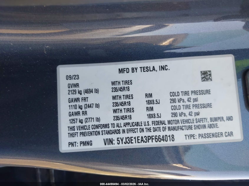 2023 Tesla Model 3 VIN 5YJ3E1EA3PF664018 IAAI salvage auction — FRONT & REAR, Salvage Title, sold $3,650 on 2026-07-09 (photo 9)