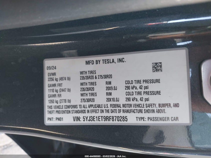 2024 Tesla Model 3 VIN 5YJ3E1ET9RF870285 IAAI salvage auction — RIGHT FRONT, Salvage (California), sold $13,000 on 2026-07-30 (photo 9)