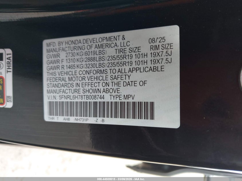 2026 Honda Odyssey VIN 5FNRL6H78TB008744 IAAI salvage auction — RIGHT FRONT, Salvage (Illinois), sold $13,700 on 2026-07-10 (photo 9)