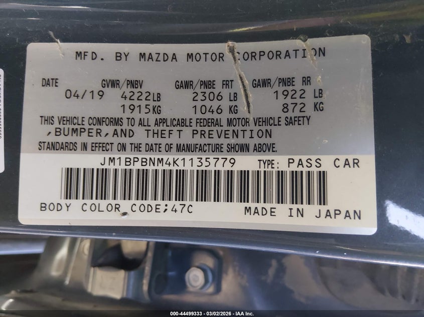 2019 Mazda 3 VIN JM1BPBNM4K1135779 IAAI salvage auction — FRONT END, Salvage Title, sold $4,400 on 2026-07-31 (photo 9)