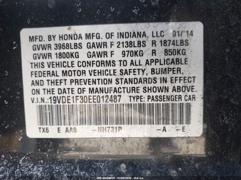 2014 Acura Ilx VIN 19VDE1F30EE012487 IAAI salvage auction — FRONT & REAR, Salvage Title, sold $550 on 2026-07-19 (photo 9)