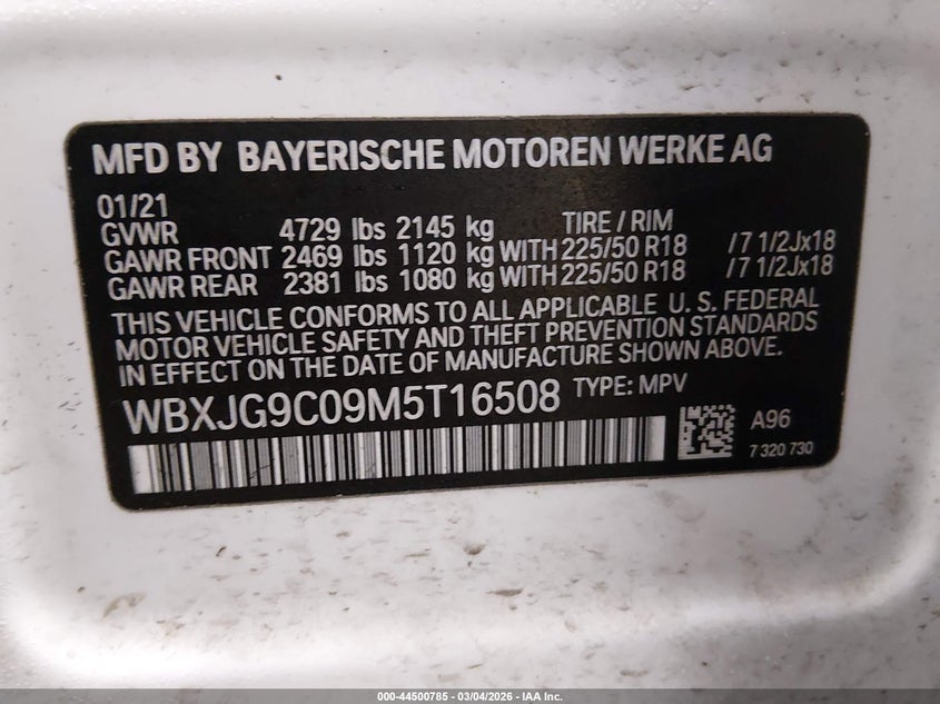 2021 BMW X1 VIN WBXJG9C09M5T16508 IAAI salvage auction — FRONT END, Salvage (Idaho), sold $6,650 on 2026-07-31 (photo 9)