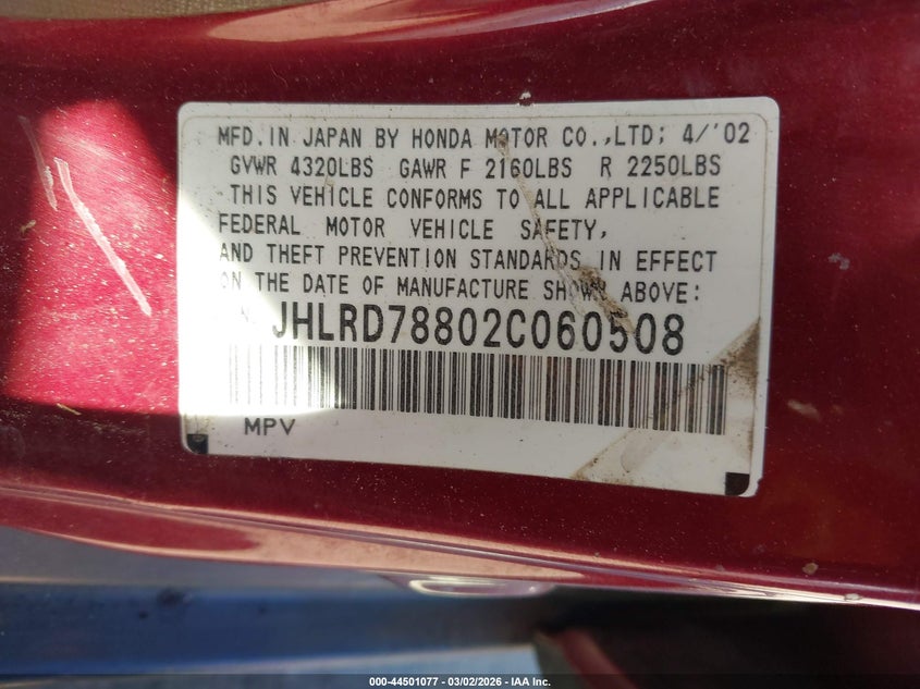 2002 Honda Cr-v VIN JHLRD78802C060508 IAAI salvage auction — FRONT END, Salvage (California), sold $525 on 2026-07-22 (photo 9)