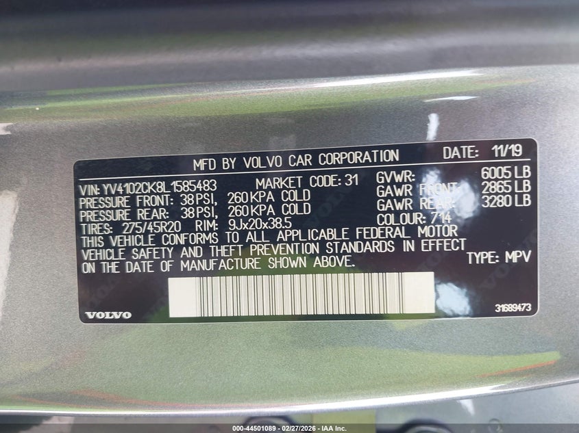 2020 Volvo Xc90 VIN YV4102CK8L1585483 IAAI salvage auction — Front End, Original (Texas), sold $7,475 on 2026-04-24 (photo 9)