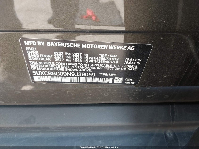 2022 BMW X5 VIN 5UXCR6C09N9J39059 IAAI salvage auction — FRONT END, Salvage Title, sold $17,800 on 2026-07-29 (photo 9)