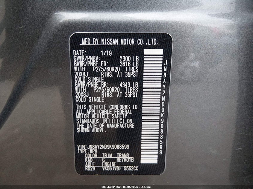 2019 Nissan Armada VIN JN8AY2ND9K9088599 IAAI salvage auction — REAR END, Salvage Title, sold $5,400 on 2026-07-09 (photo 9)