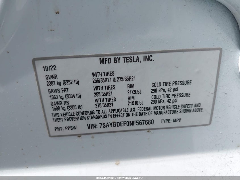 2022 Tesla Model y VIN 7SAYGDEF0NF567680 IAAI salvage auction — REAR END, Other, sold $7,875 on 2026-07-07 (photo 9)