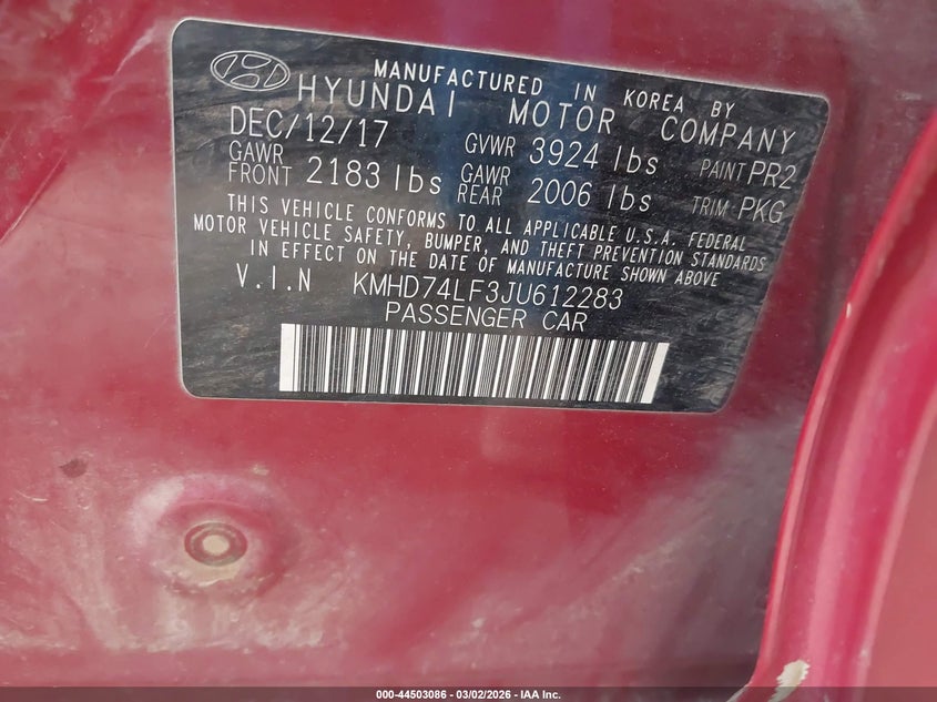 2018 Hyundai Elantra VIN KMHD74LF3JU612283 IAAI salvage auction — FRONT & REAR, Clear (Oklahoma), sold $1,700 on 2026-07-15 (photo 9)