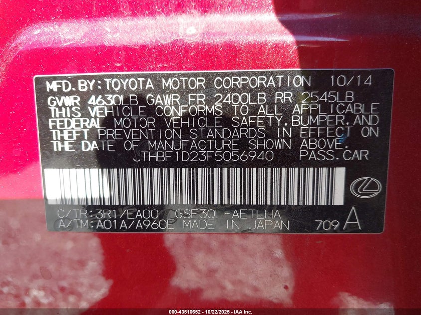 2015 Lexus Is 250 VIN JTHBF1D23F5056940 IAAI salvage auction — FRONT END, Salvage (Georgia), sold $2,600 on 2026-07-14 (photo 9)