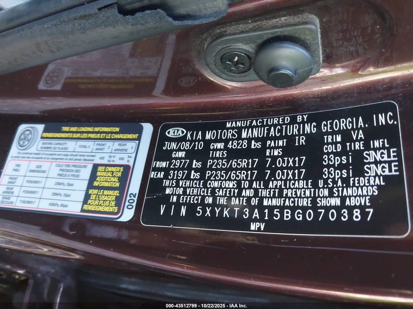 2011 Kia Sorento VIN 5XYKT3A15BG070387 IAAI salvage auction — RIGHT SIDE, Bill Of Sale (New York), sold $1,425 on 2026-07-14 (photo 9)