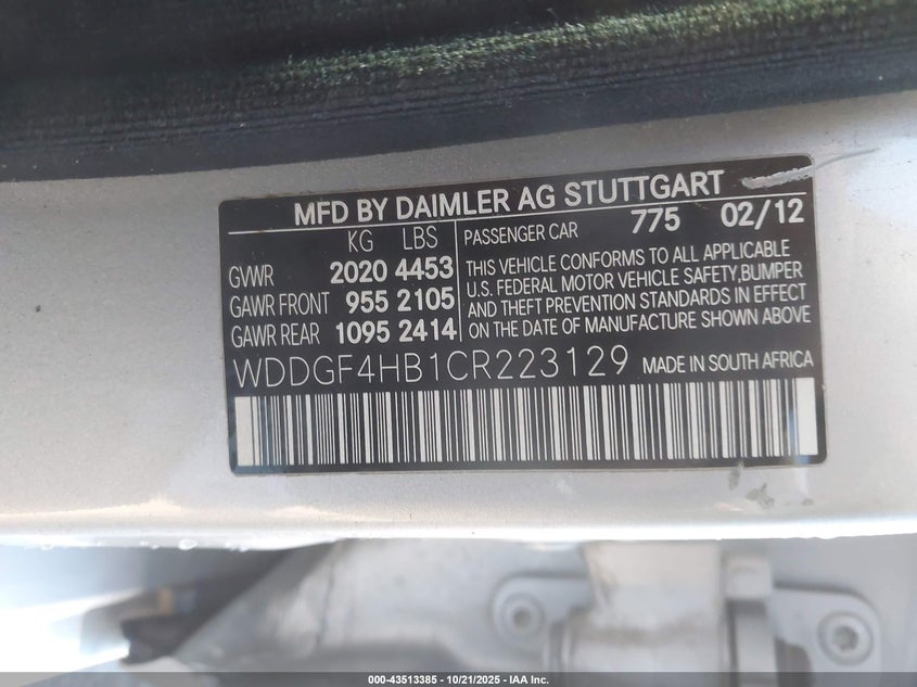 2012 Mercedes-benz C class VIN WDDGF4HB1CR223129 IAAI salvage auction — RIGHT FRONT, Clear (Oklahoma), sold $475 on 2026-08-12 (photo 9)