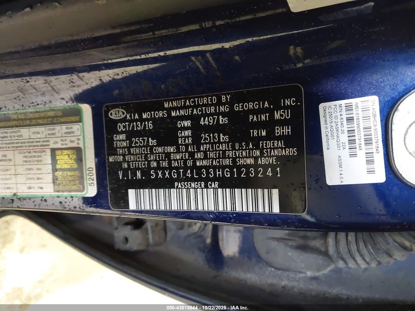 2017 Kia Optima VIN 5XXGT4L33HG123241 IAAI salvage auction — FRONT END, Salvage (Indiana), sold $1,100 on 2026-07-28 (photo 9)