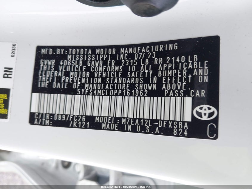 2023 Toyota Corolla VIN 5YFS4MCE0PP161962 IAAI salvage auction — FRONT END, Rebuildable (Florida), sold $4,050 on 2026-07-06 (photo 9)