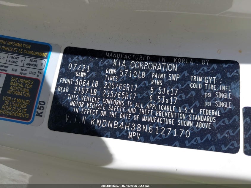 2022 Kia Carnival VIN KNDNB4H38N6127170 IAAI salvage auction — FRONT END, Salvage (Indiana), sold $25 on 2026-07-29 (photo 9)