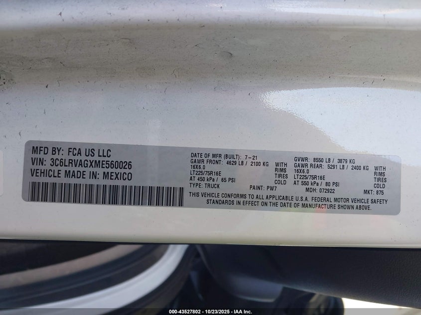 2021 Ram Promaster 1500 VIN 3C6LRVAGXME560026 IAAI salvage auction — THEFT, Other, sold $12,100 on 2026-07-29 (photo 9)