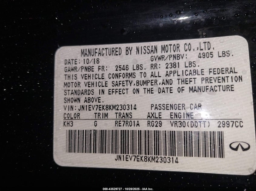 2019 Infiniti Q60 VIN JN1EV7EK8KM230314 IAAI salvage auction — FRONT & REAR, Salvage (Arkansas), sold $4,650 on 2026-07-15 (photo 9)