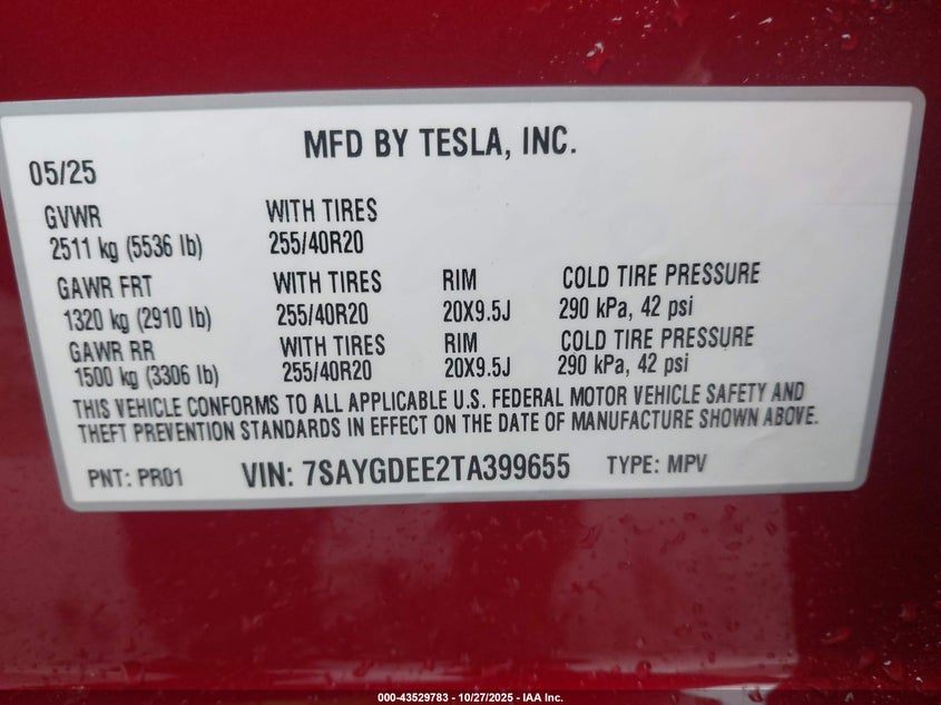 2026 Tesla Model y VIN 7SAYGDEE2TA399655 IAAI salvage auction — REAR END, Salvage (Arkansas), sold $75 on 2026-07-29 (photo 9)