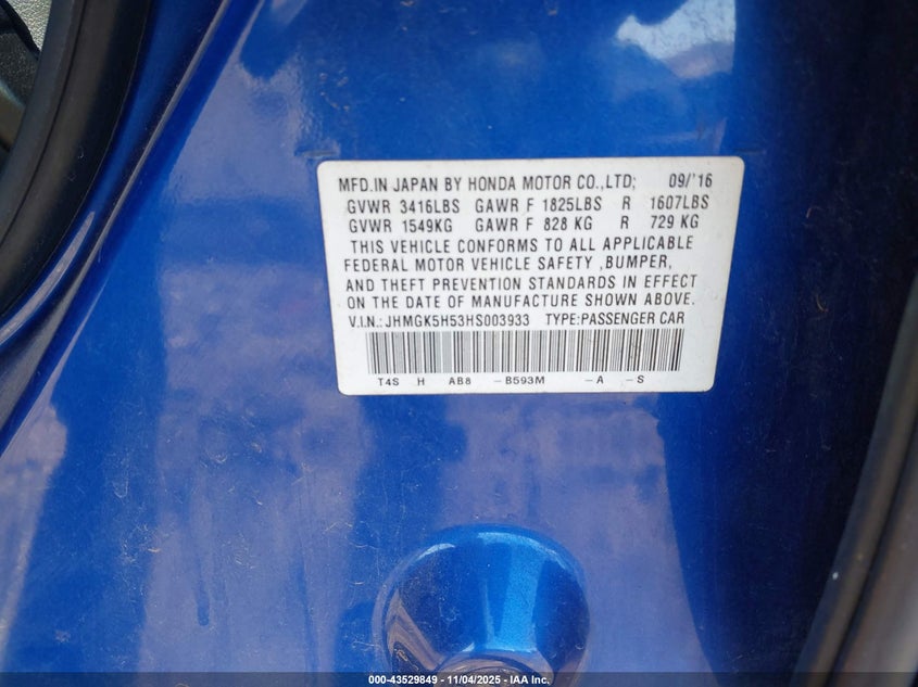 2017 Honda Fit VIN JHMGK5H53HS003933 IAAI salvage auction — FRONT END, Clear (Oklahoma), sold $2,250 on 2026-07-28 (photo 9)