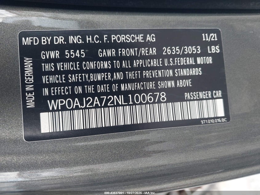 2022 Porsche Panamera VIN WP0AJ2A72NL100678 IAAI salvage auction — FRONT & REAR, Other, sold $28,000 on 2026-07-20 (photo 9)