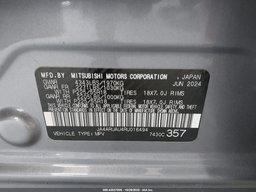 2024 Mitsubishi Outlander sport VIN JA4ARUAU4RU016494 IAAI salvage auction — ALL OVER, Other, sold $475 on 2026-07-08 (photo 9)