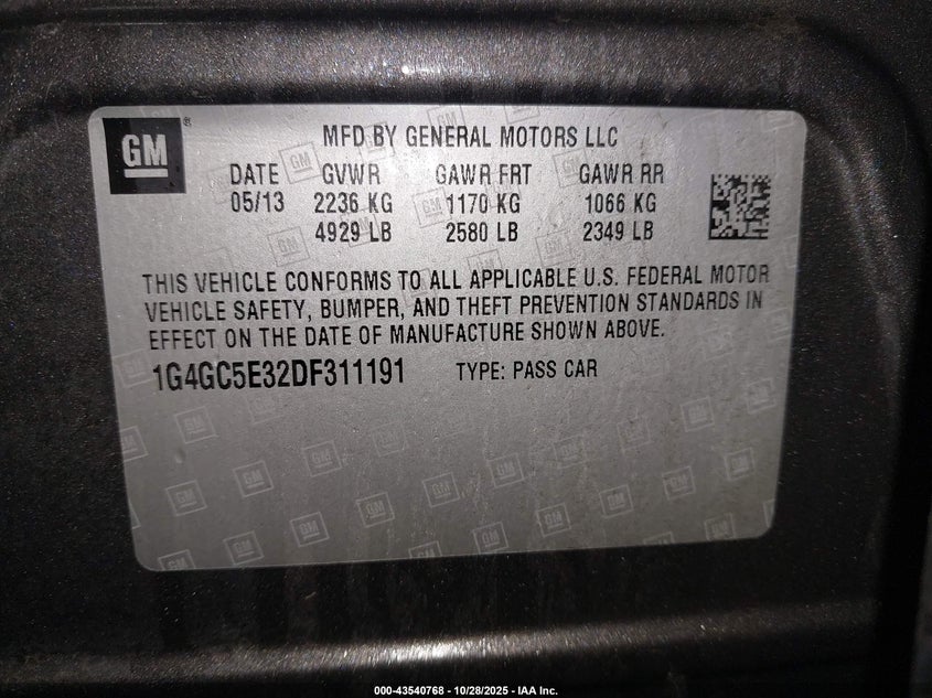 2013 Buick Lacrosse VIN 1G4GC5E32DF311191 IAAI salvage auction — FRONT END, Salvage (Montana), sold $1,050 on 2026-07-10 (photo 9)