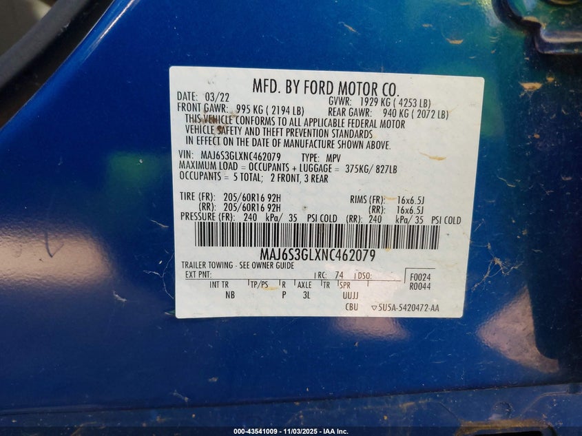 2022 Ford Ecosport VIN MAJ6S3GLXNC462079 IAAI salvage auction — LEFT SIDE, Salvage (Arkansas), sold $1,150 on 2026-07-30 (photo 9)